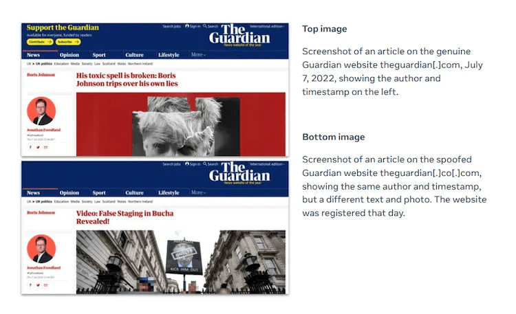 Captura de pantalla de un artículo falsificado que se hace pasar por The Guardian pero con el titular ajustado a una narrativa pro-rusa