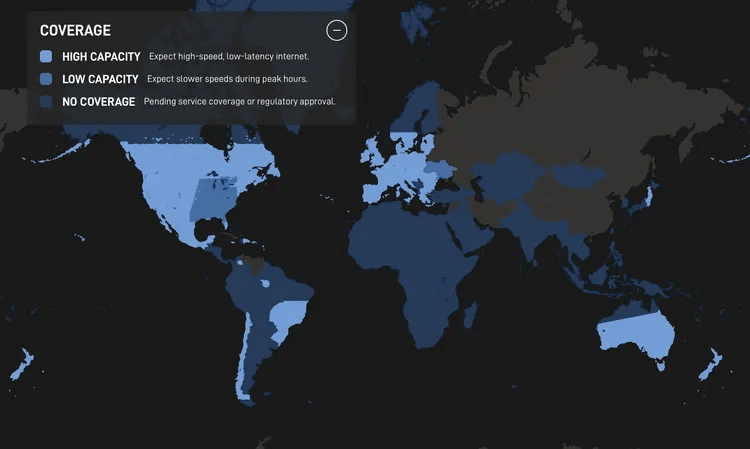 Mapa que muestra dónde está disponible Internet de alta capacidad de SpaceX, que es gran parte de los Estados Unidos, Europa y Australia.