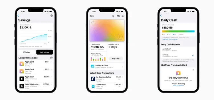 Capturas de pantalla simuladas de iPhone de la aplicación Apple Wallet que muestran una cuenta de ahorros para la Apple Card.