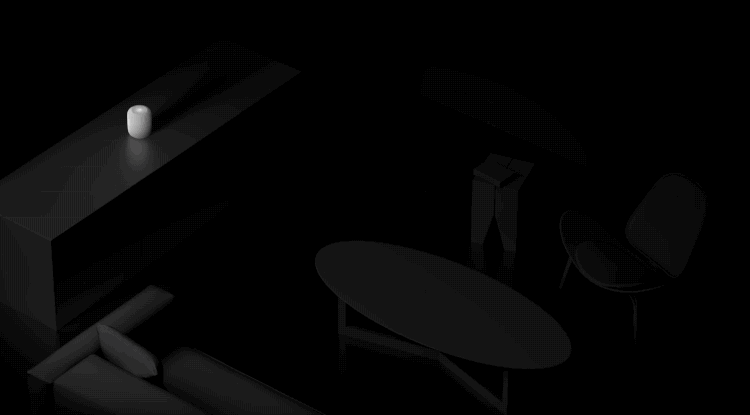 Una animación GIF que demuestra la función de sintonización automática de habitaciones del HomePod de Apple.